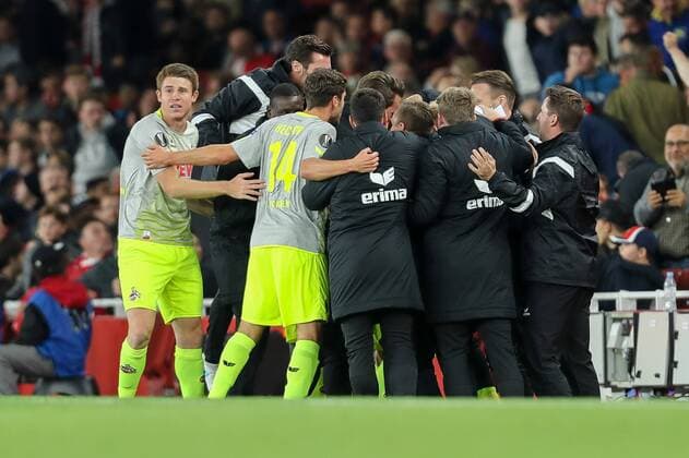 London, England 14.09.2017, UEFA Europa League - 2017 18 Season, 1st game day, FC Arsenal - 1. FC Koeln, Tor zum 0:1 Torschuetze Jhon Andres Cordoba Coete (KOE) wird bejubelt < ( DeFodi048