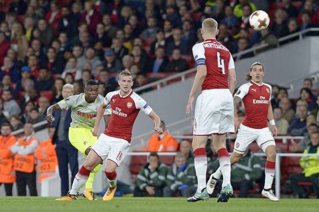 London, England 14.09.2017, UEFA Europa League - 2017 18 Season, 1st game day, FC Arsenal - 1. FC Koeln, Tor zum 0:1 für Köln durch John Cordoba ( Koeln ), links ( DeFodi521