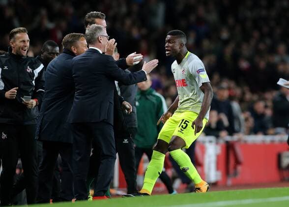 14th September 2017, Emirates Stadium, London, England; UEFA Europa League Group stage, Arsenal versus FC Cologne; Jhon Cordoba of FC Koln celebrates from a clearance mistake by Arsenal Goalkeeper David Ospina in the 9th minute, 0-1 FC Koln  ActionPlus11930021