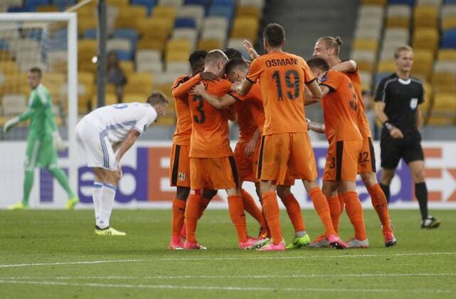 Fußball, EL, Dynamo Kiew - KF Skenderbeu Korca September 14, 2017 - SkoÂ«nderbeu players celebrate after Gjergj Muzaka scores goal during the UEFA Europa League Group B soccer match between FC Dynamo Kyiv and FC SkoÂ«nderbeu , at the NSK Olimpiyskyi in Kyiv, Ukraine, September 14, 2017. The UEFA Europa League Group B soccer match between FC Dynamo Kyiv and FC SkÃ«nderbeu , at the NSK Olimpiyskyi in Kyiv. - ZUMAs334 20170914_zap_s334_004 Copyright: xAnatoliixStepanovx