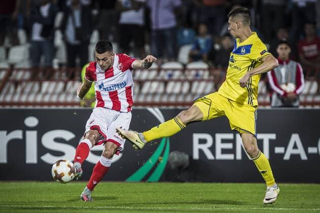14th September 2017, Red Star Stadium, Belgrade, Serbia; UEFA Europa League Group stage, Red Star Belgrade versus BATE; Midfielder Nemanja Radonjic of Red Star Belgrade shoots as a defender comes in to block  ActionPlus11930044