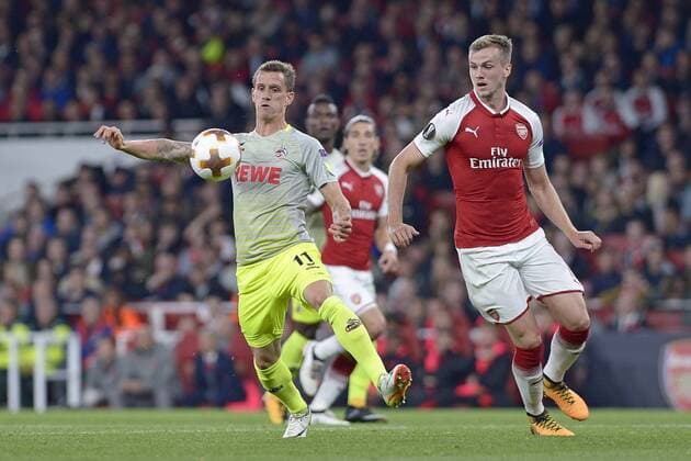GER, Europa League, Arsenal London vs 1. FC Koeln 14.09.2017, Emirates Stadium, London, GER, Europa League, Arsenal London vs 1. FC Koeln, im Bild im Zweikampf von links: Simon Zoller ( Koeln 11 ), Rob Holding ( Arsenal 16 )