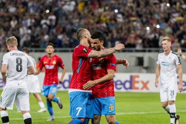 September 14, 2017: Constantin Budescu 11 (FCSB Bucharest) and Denis Alibec 7 (FCSB Bucharest) celebrating the first goal during the UEFA Champions League 2017-2018, Play-Offs 2nd Leg game between FCSB Bucharest (ROU) and Sporting Clube de Portugal Lisbon (POR) at National Arena Stadium, Bucharest, Romania ROU.  Copyright: xCronos CatalinxSoarex cronoscs14092017104613