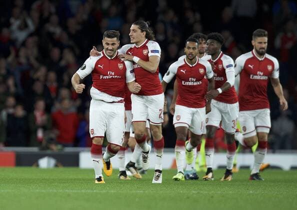 Arsenal v FC Cologne UEFA Champions League Sead Kolasinac of Arsenal (31) celebrates with Hector Bellerin of Arsenal after scoring the equaliser to make it 1-1 during the UEFA Champions League match at the Emirates Stadium, London Content Not Available For UK Newspapers Copyright: xAlanxStanfordx FIL-10666-0039