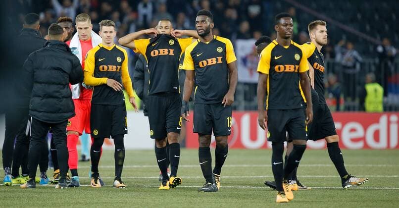 14.09.2017 Stade de Suisse Bern , SCHWEIZ , Saison 2017 2018 Herren UEFA Europa League Gruppenphase BSC Young Boys Bern - FK Partizan Belgrad Entäuschung nach dem Spiel ua. Djibril Sow , Jean Pierre Nsame und Jordan Lotomba (Young Boys)
