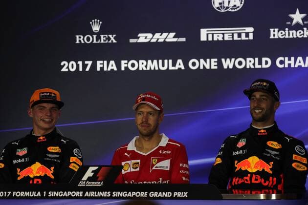 Singapore Grand Prix 14 - 17 September 2017 16.09.2017 - Qualifying, press conference PK Pressekonferenz Max Verstappen (NED) Red Bull Racing RB13, Sebastian Vettel (GER) Scuderia Ferrari SF70H and Daniel Ricciardo (AUS) Red Bull Racing RB13 