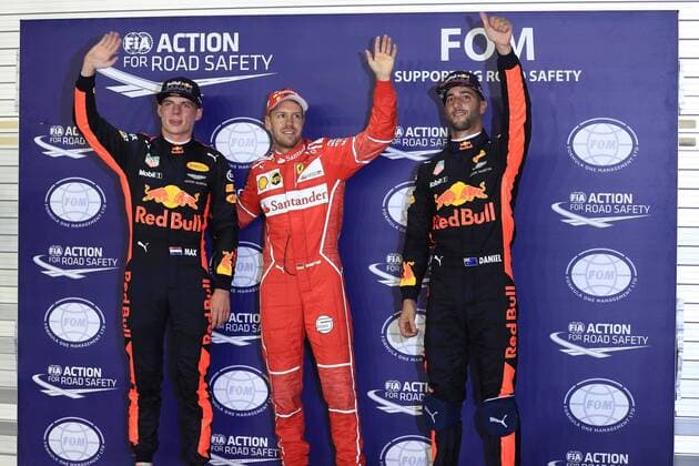 16th September 2017, Marina Bay Street Circuit, Singapore; Singapore Formula One Grand Prix, Saturday Qualifying; Sebastian Vettel - Scuderia Ferrari, Max Verstappen and Daniel Ricciardo - Red Bull Racing  ActionPlus11930932