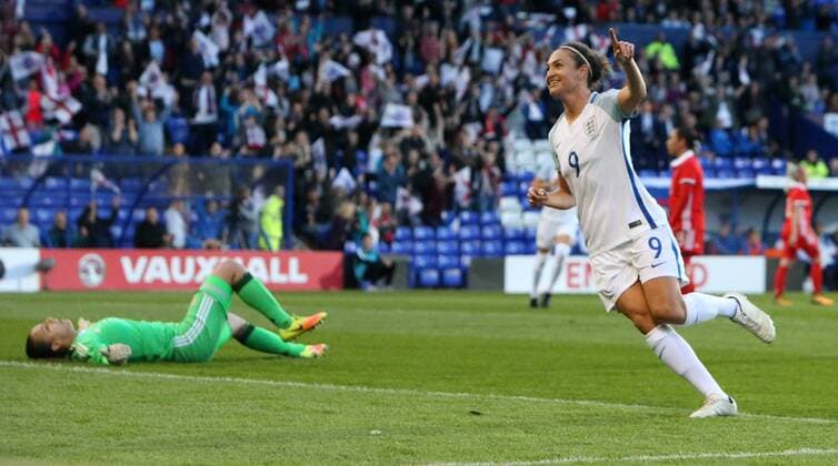 19th September 2017, Prenton Park, Birkenhead, England; Womens World Cup Qualifying, group 1; England Women versus Russia Women; Jodie Taylor of England celebrates scoring her teams second goal, giving England a 2-0 lead  ActionPlus11932278