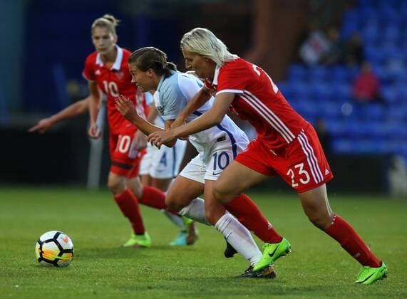 19th September 2017, Prenton Park, Birkenhead, England; Womens World Cup Qualifying, group 1; England Women versus Russia Women; Fran Kirby of England races past Elena Morozova of Russia  ActionPlus11932279