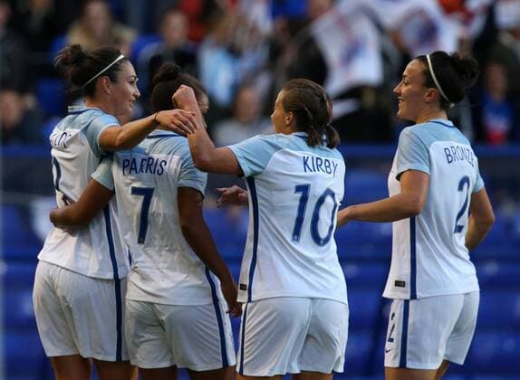 19th September 2017, Prenton Park, Birkenhead, England; Womens World Cup Qualifying, group 1; England Women versus Russia Women; Nikita Parris of England is congratulated by her team mates Fran Kirby and Lucy Bronze of England as she scores the first goal in the 11th minute  ActionPlus11932280