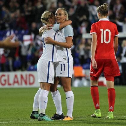England Women v Russia Women FIFA Womens World Cup Qualifying Toni Duggan (11) of England Women celebrates with Jordan Nobbs after scoring the fifth goal against Russia Women during the FIFA Women s World Cup Qualifying match at Prenton Park, Birkenhead. Content Not Available For UK Newspapers Copyright: xMichaelxSedgwickx FIL-10689-0029