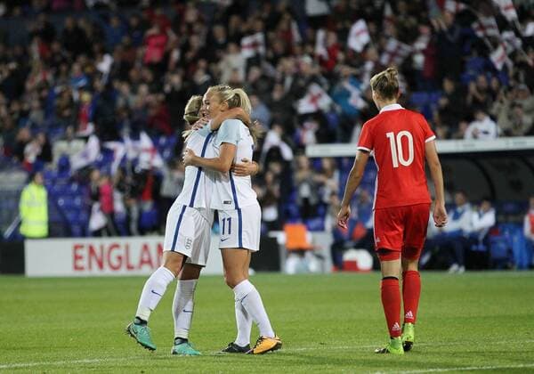 England Women v Russia Women FIFA Womens World Cup Qualifying Toni Duggan (11) of England Women celebrates with Jordan Nobbs after scoring the fifth goal against Russia Women during the FIFA Women s World Cup Qualifying match at Prenton Park, Birkenhead. Content Not Available For UK Newspapers Copyright: xMichaelxSedgwickx FIL-10689-0030