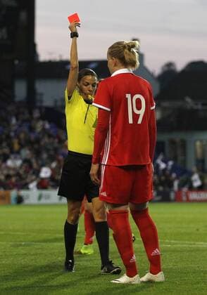 England Women v Russia Women FIFA Womens World Cup Qualifying Referee Stephanie Frappart sends off Ksenia Tsybutovich of Russia Women during the FIFA Women s World Cup Qualifying match against England Women at Prenton Park, Birkenhead. Content Not Available For UK Newspapers Copyright: xMichaelxSedgwickx FIL-10689-0033