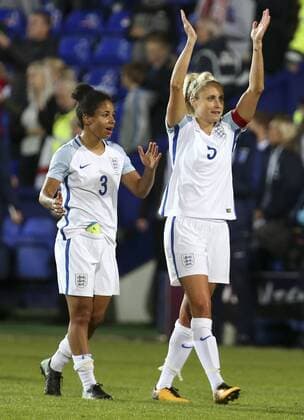 19th September 2017, Prenton Park, Birkenhead, England; Womens World Cup Qualifying, group 1; England Women versus Russia Women; Demi Stokes of England and Steph Houghton of England wave to acknowledge the applause of the home fans after the final whistle  ActionPlus11932410