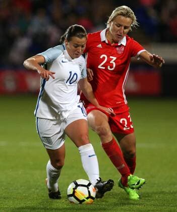 19th September 2017, Prenton Park, Birkenhead, England; Womens World Cup Qualifying, group 1; England Women versus Russia Women; Fran Kirby of England holds off Elena Morozova of Russia  ActionPlus11932486