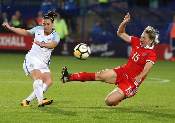 19th September 2017, Prenton Park, Birkenhead, England; Womens World Cup Qualifying, group 1; England Women versus Russia Women; Jade Moore of England takes a shot at goal as Elena Danilova of Russia stretches to block  ActionPlus11932490
