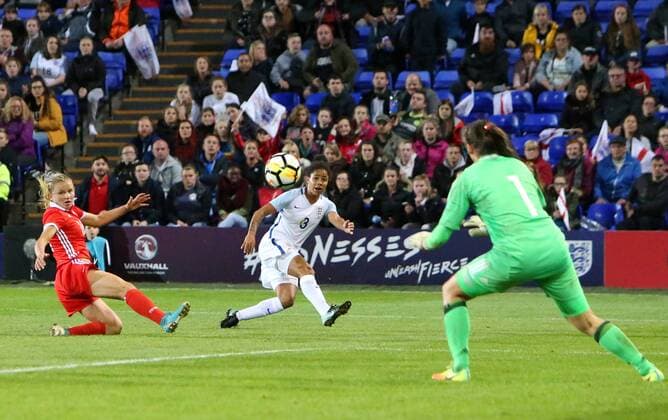19th September 2017, Prenton Park, Birkenhead, England; Womens World Cup Qualifying, group 1; England Women versus Russia Women; Demi Stokes of England looks on as her shot is saved by Tatyana Schcherbak, Russia goalkeeper  ActionPlus11932491