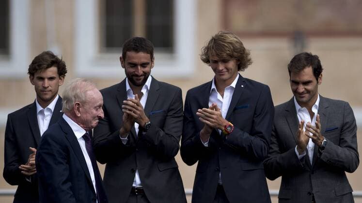 From left DOMINIC THIEM, legendary ROD LAVER, MARIN CILIC, ALEXANDER ZVEREV and ROGER FEDERER during the parade of Laver Cup players at an official welcome ceremony in Prague, Czech Republic, September 20, 2017. (CTKxPhoto MichalxKamaryt) CTKPhotoP201709200614101  kmt 5