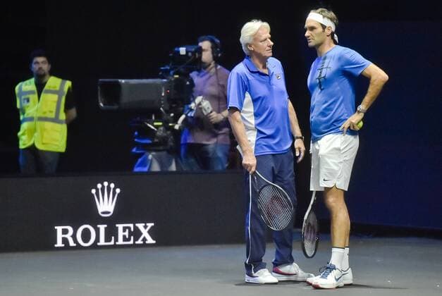 Swiss tennis player ROGER FEDERER (right) talk with captain BJORN BORG during the training session prior to the first edition of the Laver Cup tennis tournament in Prague, Czech Republic, on September 20, 2017. The team of Europe will compete with the world selection. (CTKxPhoto VitxSimanek) CTKPhotoP201709200868201  VIS 006