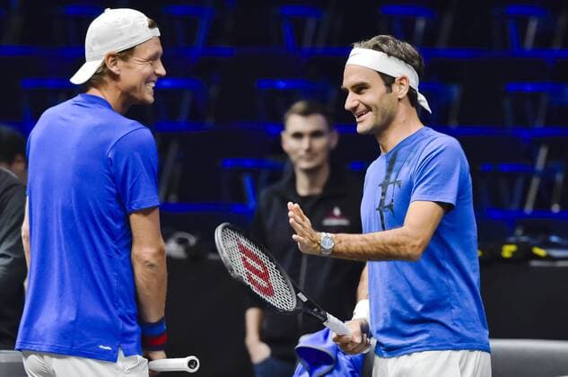 L-R Czech tennis player TOMAS BERDYCH and Swiss ROGER FEDERER attend the training session prior to the first edition of the Laver Cup tennis tournament in Prague, Czech Republic, on September 20, 2017. The team of Europe will compete with the world selection. (CTKxPhoto VitxSimanek) CTKPhotoP201709200883201  VIS 011
