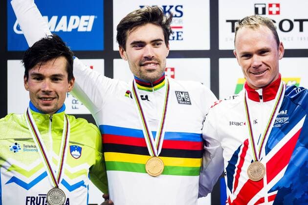 Bilder des Tages - SPORT 170920 Primoz Roglic of Slovenia, Tom Dumoulin of The Netherlands and Christopher Froome of Great Britain during the award ceremony after the Men Elite Individual Time Trial on September 20, 2017 in Bergen. Photo: Jon Olav Nesvold BILDBYRN kod JE 160023  Copyright: JONxOLAVxNESVOLD BB170920BB100