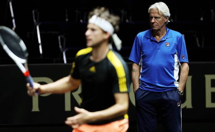 TENNIS - Laver Cup 2017 PRAGUE,CZECH REPUBLIC,22.SEP.17 - TENNIS - Laver Cup, Team Europe vs Team World. Image shows Dominic Thiem (AUT) and Bjoern Borg (SWE). GEPAxpictures xMatthiasxHauer