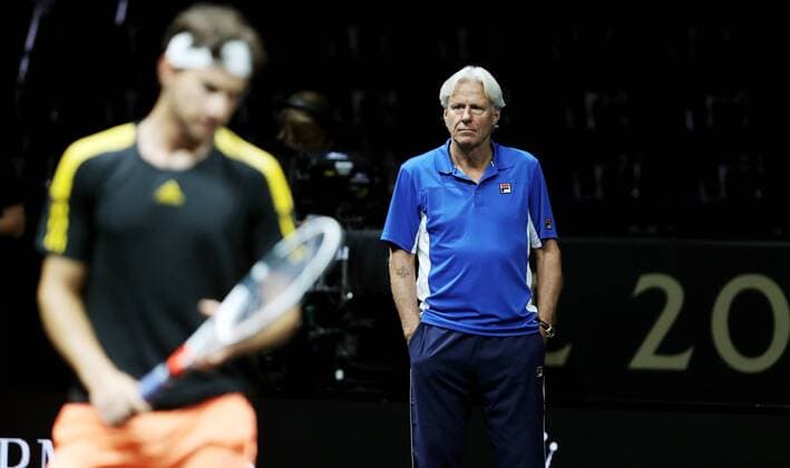 TENNIS - Laver Cup 2017 PRAGUE,CZECH REPUBLIC,22.SEP.17 - TENNIS - Laver Cup, Team Europe vs Team World. Image shows Dominic Thiem (AUT) and Bjoern Borg (SWE). GEPAxpictures xMatthiasxHauer