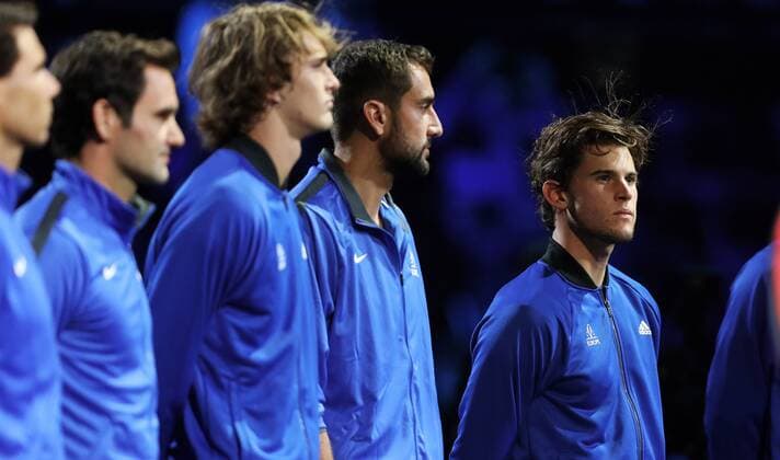 TENNIS - Laver Cup 2017 PRAGUE,CZECH REPUBLIC,22.SEP.17 - TENNIS - Laver Cup, Team Europe vs Team World. Image shows Rafael Nadal (ESP), Roger Federer (SUI), Alexander Zverev (GER), Marin Cilic (CRO) and Dominic Thiem (AUT). GEPAxpictures xMatthiasxHauer