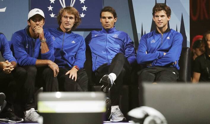 TENNIS - Laver Cup 2017 PRAGUE,CZECH REPUBLIC,22.SEP.17 - TENNIS - Laver Cup, Team Europe vs Team World. Image shows Fernando Verdasco (ESP), Alexander Zverev (GER), Rafael Nadal (ESP) and Dominic Thiem (AUT). GEPAxpictures xMatthiasxHauer