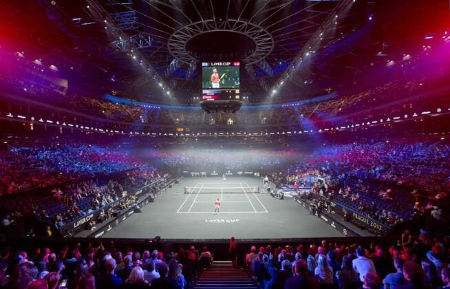 O2 arena with dark tennis court is seen during the first edition of the Laver Cup tennis tournament in Prague, Czech Republic, on September 22, 2017. The team of Europe will compete with the world selection. (CTKxPhoto VitxSimanek) CTKPhotoP201709220492801  VIS 002