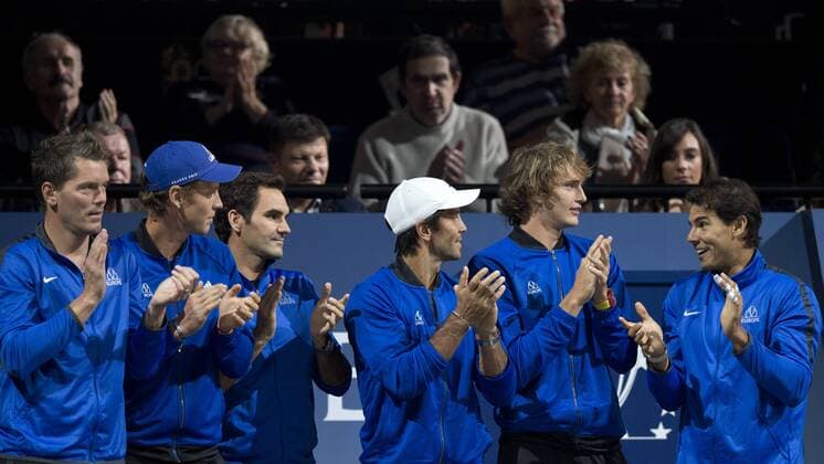 Spanish tennis player RAFAEL NADAL (right) encourages teammates from Team Europe - Croatian Marin Cilic (not pictured) during the first match, singles, within the first edition of the Laver Cup tennis tournament in Prague, Czech Republic, on September 22, 2017. (CTKxPhoto MichalxKamaryt) CTKPhotoP201709220572201  kmt