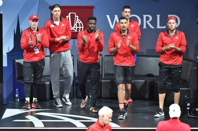From left PATRICK MCENROE, captain assistant, SAM QUERREY, FRANCES TIAFOE, NICK KYRGIOS,THANASI KOKKINAKIS,JACK SOCK (World Team) during the second singles match within the first edition of the Laver Cup tennis tournament in Prague, Czech Republic, on September 22, 2017. (CTKxPhoto VitxxSimanek) CTKPhotoP201709220726801  VIS_5967-1