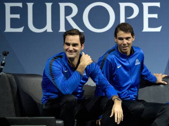 L-R Swiss tennis player ROGER FEDERER and Spanish RAFAEL NADAL (both Team Europe) watch the second singles match within the first edition of the Laver Cup tennis tournament in Prague, Czech Republic, on September 22, 2017. (CTKxPhoto MichalxKamaryt) CTKPhotoP201709220794001  kmt 43