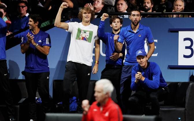 TENNIS - Laver Cup 2017 PRAGUE,CZECH REPUBLIC,23.SEP.17 - TENNIS - Laver Cup, Team Europe vs Team World. Image shows Fernando Verdasco (ESP), Alexander Zverev (GER), Dominic Thiem (AUT), Marin Cilic (CRO) and Tomas Berdych (CZE). GEPAxpictures xMatthiasxHauer
