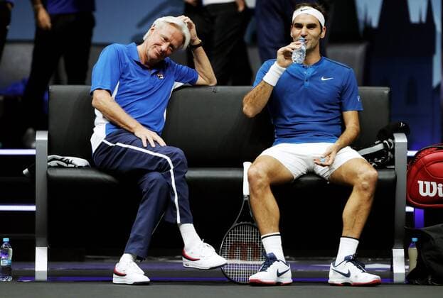 TENNIS - Laver Cup 2017 PRAGUE,CZECH REPUBLIC,23.SEP.17 - TENNIS - Laver Cup, Team Europe vs Team World. Image shows Bjoern Borg (SWE) and Roger Federer (SUI). GEPAxpictures xMatthiasxHauer