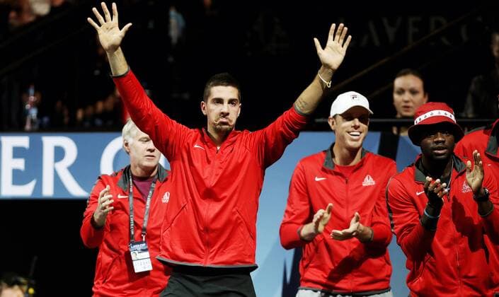 TENNIS - Laver Cup 2017 PRAGUE,CZECH REPUBLIC,23.SEP.17 - TENNIS - Laver Cup, Team Europe vs Team World. Image shows Thanasi Kokkinakis (AUS), Sam Querrey and Frances Tiafoe (USA). GEPAxpictures xMatthiasxHauer