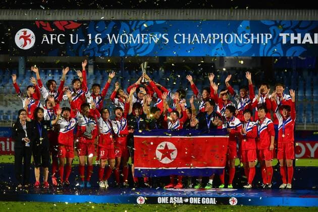 (170923) -- CHONBURI, Sept. 23, 2017 -- Members of the Democratic People s Republic of Korea (DPRK) team celebrate final victory at the awarding ceremony of the AFC U-16 Women s Championship 2017 at Chonburi Stadium in Chonburi, Thailand, Sept. 23, 2017. DPRK won the champion in the AFC U-16 Women s Championship 2017 after defeating the Republic of Korea (ROK) 2-0. ) (ljd) (SP) THAILAND-CHONBURI-SOCCER-AFC U16 WOMEN S CHAMPIONSHIP-FINAL-DPRK VS ROK LixMangmang 