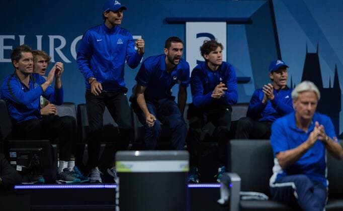 September 23, 2017 - Prague, Czech Republic - Team Europe players box during the second day at Laver Cup on Sept 23, 2017 in Prague, Czech Republic. The Laver Cup consists of six European players competing against their counterparts from the rest of the World. Europe will be captained by Bjorn Borg and John McEnroe will captain the Rest of the World team. The first Laver Cup held in Europe, at the O2 arena Prague from September 22-24, 2017. Laver Cup - Day Two  - ZUMAn230 20170923_zaa_n230_137 Copyright: xRobertxSzaniszlox