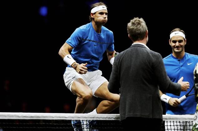 TENNIS - Laver Cup 2017 PRAGUE,CZECH REPUBLIC,23.SEP.17 - TENNIS - Laver Cup, Team Europe vs Team World. Image shows Rafael Nadal (ESP) and Roger Federer (SUI). GEPAxpictures xMatthiasxHauer