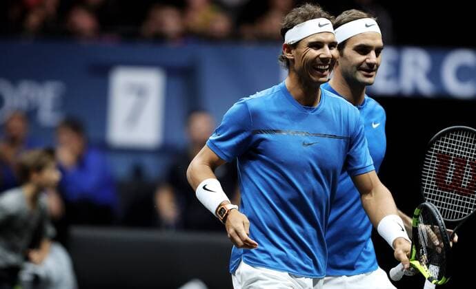 TENNIS - Laver Cup 2017 PRAGUE,CZECH REPUBLIC,23.SEP.17 - TENNIS - Laver Cup, Team Europe vs Team World. Image shows Rafael Nadal (ESP) and Roger Federer (SUI). GEPAxpictures xMatthiasxHauer