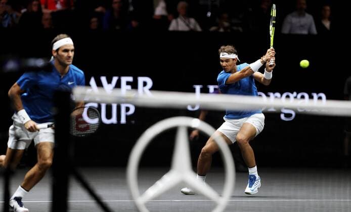 TENNIS - Laver Cup 2017 PRAGUE,CZECH REPUBLIC,23.SEP.17 - TENNIS - Laver Cup, Team Europe vs Team World. Image shows Roger Federer (SUI) and Rafael Nadal (ESP). GEPAxpictures xMatthiasxHauer