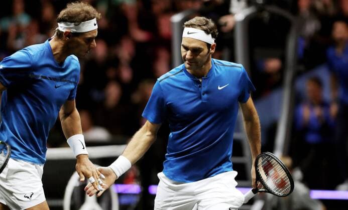 TENNIS - Laver Cup 2017 PRAGUE,CZECH REPUBLIC,23.SEP.17 - TENNIS - Laver Cup, Team Europe vs Team World. Image shows Rafael Nadal (ESP) and Roger Federer (SUI). GEPAxpictures xMatthiasxHauer