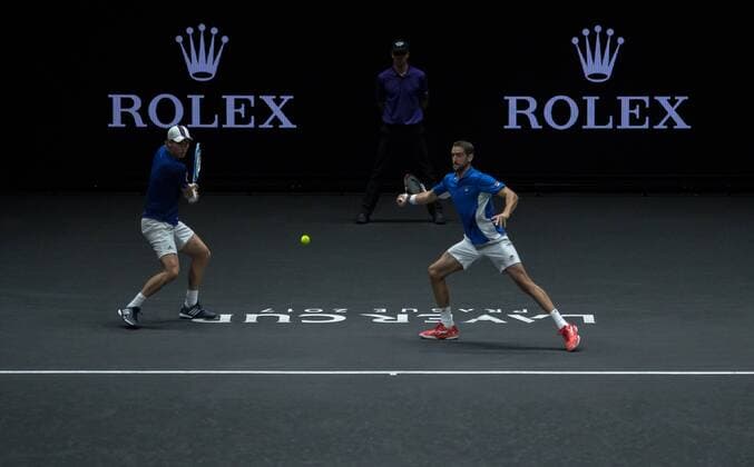 September 24, 2017 - Prague, Czech Republic - Tomas Berdych and Marin Cilic of Team Europe during there mens doubles match between John Isner and Jack Sock of Team World on the final day of the Laver cup on September 24, 2017 in Prague, Czech Republic. The Laver Cup consists of six European players competing against their counterparts from the rest of the World. Europe will be captained by Bjorn Borg and John McEnroe will captain the Rest of the World team. The event runs from 22-24 September. Laver Cup - Day Three  - ZUMAn230 20170924_zaa_n230_046 Copyright: xRobertxSzaniszlox