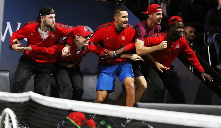 TENNIS - Laver Cup 2017 PRAGUE,CZECH REPUBLIC,24.SEP.17 - TENNIS - Laver Cup, Team Europe vs Team World. Image shows Jack Sock (USA), Denis Shapovalov (CAN), Nick Kyrgios (AUS), Thanasi Kokkinakis (AUS) and Frances Tiafoe (USA). GEPAxpictures xMatthiasxHauer