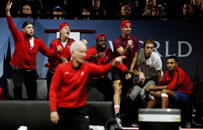 TENNIS - Laver Cup 2017 PRAGUE,CZECH REPUBLIC,24.SEP.17 - TENNIS - Laver Cup, Team Europe vs Team World. Image shows Jack Sock (USA), Denis Shapovalov (CAN), Frances Tiafoe (USA), Thanasi Kokkinakis (AUS), Sam Querrey (USA) and Nick Kyrgios (AUS). GEPAxpictures xMatthiasxHauer