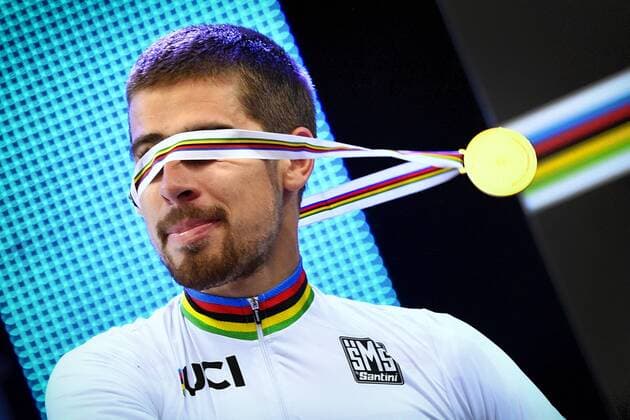 Slovakian Peter Sagan of Bora-Hansgrohe pictured on the podium after the men s elite road race at the 2017 UCI Road World Cycling Championships in Bergen, Norway, Sunday 24 September 2017. YORICKxJANSENS  x05172173x