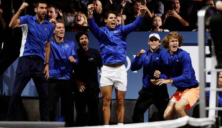 TENNIS - Laver Cup 2017 PRAGUE,CZECH REPUBLIC,24.SEP.17 - TENNIS - Laver Cup, Team Europe vs Team World. Image shows Marin Cilic (CRO), Thomas Enqvist (SWE), Fernando Verdasco (ESP), Rafael Nadal (ESP), Dominic Thiem (AUT) and Alexander Zverev (GER). GEPAxpictures xMatthiasxHauer