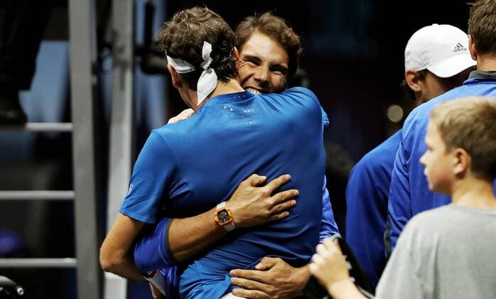 TENNIS - Laver Cup 2017 PRAGUE,CZECH REPUBLIC,24.SEP.17 - TENNIS - Laver Cup, Team Europe vs Team World. Image shows Roger Federer (SUI) and Rafael Nadal (ESP). GEPAxpictures xMatthiasxHauer
