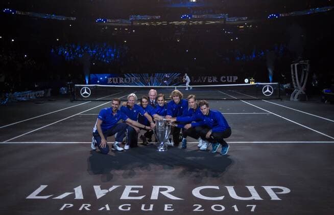 September 24, 2017 - Prague, Czech Republic - (L-R) Marin Cilic, Bjorn Borg,Rafael Nadal, Alexander Zverev, Dominic Thiem, Roger Federer and Tomas Berdych of Team Europe lift the Laver Cup trophy on the final day of the Laver cup on September 24, 2017 in Prague, Czech Republic. The Laver Cup consists of six European players competing against their counterparts from the rest of the World. Europe will be captained by Bjorn Borg and John McEnroe will captain the Rest of the World team. The event runs from 22-24 September. Laver Cup - Day Three  - ZUMAn230 20170924_zaa_n230_309 Copyright: xRobertxSzaniszlox