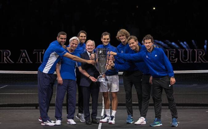 September 24, 2017 - Prague, Czech Republic - (L-R) Marin Cilic, Bjorn Borg, Rafael Nadal, Rod Laver, Roger Federer, Alexander Zverev, Tomas Berdych and Dominic Thiem of Team Europe lift the Laver Cup trophy on the final day of the Laver cup on September 24, 2017 in Prague, Czech Republic. The Laver Cup consists of six European players competing against their counterparts from the rest of the World. Europe will be captained by Bjorn Borg and John McEnroe will captain the Rest of the World team. The event runs from 22-24 September. Laver Cup - Day Three - ZUMAn230 20170924_zaa_n230_310 Copyright: xRobertxSzaniszlox